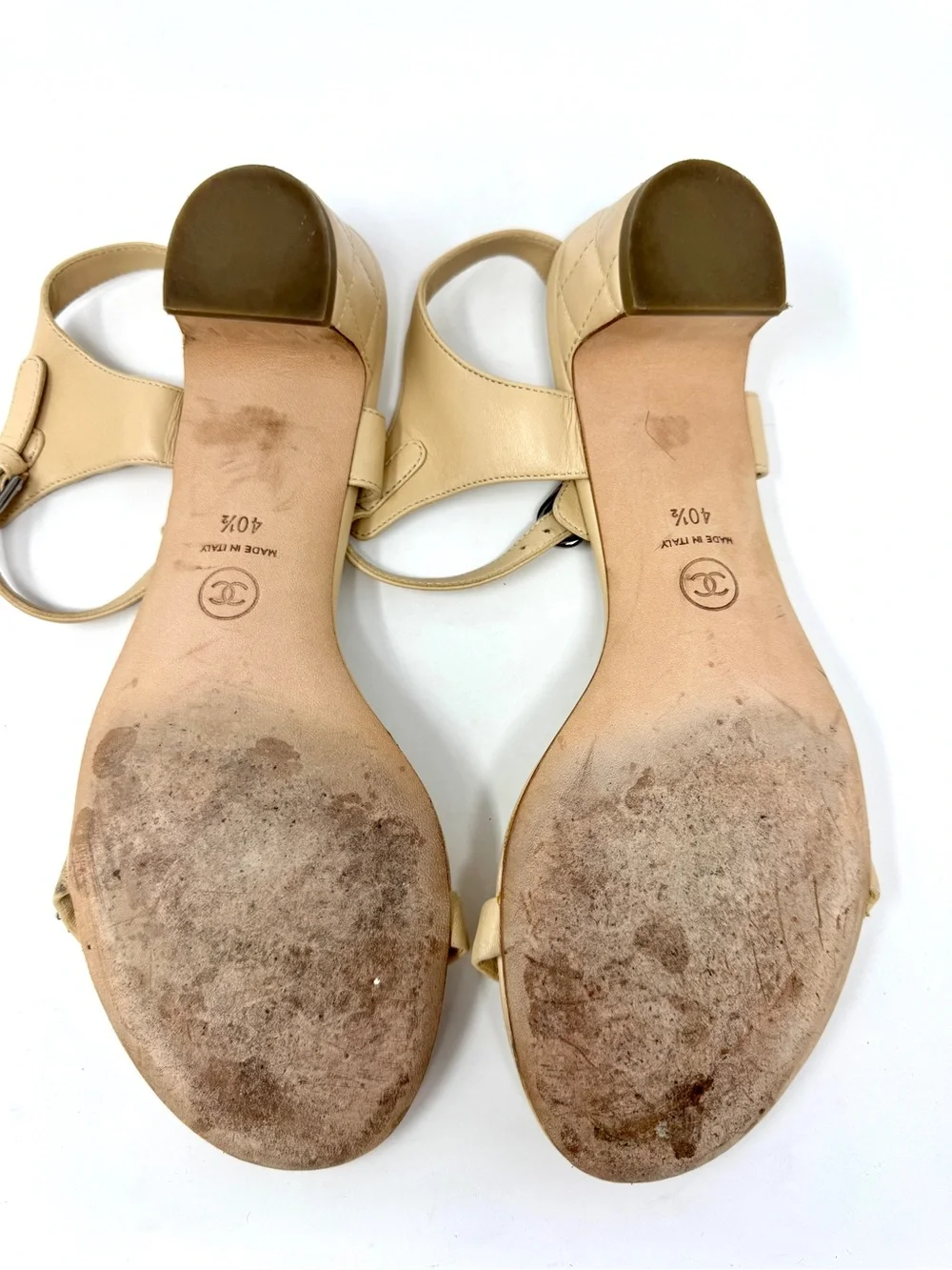 Chanel Nude Tan Beige Chain and Pearl Ankle Strap Quilted Heeled Sandals